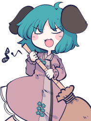 Rule 34 | 1girl, animal ears, blush stickers, broom, chahan (fried rice0614), cowboy shot, dog ears, dress, eighth note, green hair, highres, holding, holding broom, kasodani kyouko, long sleeves, musical note, one-hour drawing challenge, open mouth, pink dress, short hair, simple background, smile, solo, touhou, white background