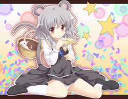 Rule 34 | 1girl, animal ears, bad id, bad pixiv id, basket, blush, cheese, female focus, food, francis de lariatte, grey hair, groin, holding, holding with tail, jewelry, looking at viewer, mouse (animal), mouse ears, mouse tail, nazrin, panties, pantyshot, pendant, prehensile tail, red eyes, short hair, sitting, solo, star (symbol), tail, touhou, underwear, wariza, white legwear, white panties