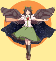 Rule 34 | 1girl, arm cannon, bird wings, black hair, black wings, bow, brown eyes, cape, frilled skirt, frills, full body, hair bow, long hair, mefomefo, outstretched arms, reiuji utsuho, shirt, skirt, smile, spread arms, third eye, touhou, weapon, wings
