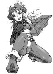 Rule 34 | 1girl, bodysuit, calpara, cape, greyscale, gun, hat, hat feather, highres, katou marika, kneeling, long hair, miniskirt pirates, monochrome, open mouth, pirate, pirate hat, skull and crossbones, smile, solo, squatting, weapon