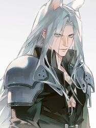 Rule 34 | 1boy, absurdres, animal ears, armor, belt, black belt, black coat, chest strap, coat, final fantasy, final fantasy vii, glaring, green eyes, grey background, grey hair, hanning rolando, high collar, highres, kemonomimi mode, long bangs, long hair, looking at viewer, male focus, open clothes, open coat, parted bangs, pauldrons, sephiroth, shoulder armor, simple background, slit pupils, solo, standing, upper body