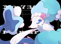 Rule 34 | 1girl, animal nose, arm up, blue eyes, blue hair, colored eyelashes, colored skin, creatures (company), female focus, game freak, gen 7 pokemon, hand on own chest, hand up, happy, highres, long hair, mermaid, monster girl, nintendo, open mouth, outstretched arm, pearl hair ornament, pokedex number, pokemon, pokemon (creature), ponytail, primarina, ronen, sideways mouth, smile, snout, solo, starfish hair ornament, very long hair, white skin