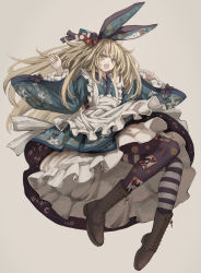 Rule 34 | 1girl, animal ears, apron, asymmetrical legwear, blonde hair, boots, card, cross-laced footwear, dress, frilled apron, frilled dress, frills, green eyes, grey background, highres, lace-up boots, lolita fashion, long hair, maid, md5 mismatch, mismatched legwear, open mouth, original, osobachan, pantyhose, playing card, print pantyhose, rabbit ears, resolution mismatch, simple background, smile, solo, source larger, striped clothes, striped pantyhose, tagme, wa lolita, wa maid