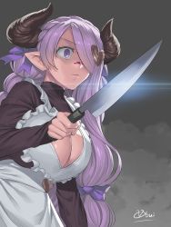 Rule 34 | 1girl, alternate costume, apron, breasts, cleavage, cleavage cutout, closed mouth, clothing cutout, draph, frilled apron, frills, granblue fantasy, hair ornament, hair over one eye, hair ribbon, heart, heart cutout, heart hair ornament, highres, holding, knife, large breasts, meme, narmaya (granblue fantasy), narmaya (valentine) (granblue fantasy), obui, parody, pointy ears, purple eyes, purple hair, ribbon, shaded face, signature, tsuiji uogashi sandaime, tsukiji uogashi sandaime, turtleneck, wide-eyed