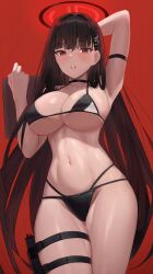 Rule 34 | 1girl, absurdres, alternate costume, arm behind head, arm strap, arm up, armpits, bare arms, bikini, black bikini, black choker, black hair, blue archive, breasts, choker, cleavage, collarbone, cowboy shot, dea (adenim1209), hair ornament, hairclip, halo, halterneck, hand up, highres, holding, holster, large breasts, long hair, looking at viewer, multi-strapped bikini, navel, parted lips, red background, red eyes, rio (blue archive), sideboob, solo, standing, stomach, string bikini, swimsuit, thigh holster, thighs, underboob, very long hair, weapon