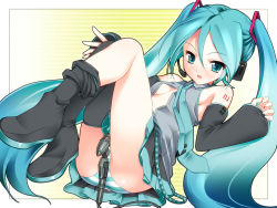 Rule 34 | 1girl, aqua eyes, aqua hair, blush, breasts, cleavage, detached sleeves, fugetsu taku, hatsune miku, headphones, long hair, microphone, microphone stand, necktie, open clothes, open mouth, panties, pantyshot, partially undressed, skirt, small breasts, smile, solo, striped clothes, striped panties, thighhighs, twintails, underwear, upskirt, very long hair, vocaloid