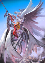 Rule 34 | 1girl, absurdres, angel wings, bident, blue sky, bodysuit, breasts, chinese commentary, closed eyes, cloud, commentary request, evangelion (mecha), falling feathers, feathers, flying, highres, holding, holding polearm, holding weapon, impaled, interface headset, lance of longinus (evangelion), large wings, long hair, mass production eva, medium breasts, neon genesis evangelion, orange hair, pilot suit, plugsuit, polearm, red bodysuit, sky, souryuu asuka langley, teeth, the end of evangelion, two side up, weapon, white wings, wings, yangmie mieyi