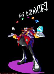 Rule 34 | 1boy, artist name, bald, black bodysuit, black pants, blue-tinted eyewear, bodysuit, brown hair, chaos emerald, coat, commentary, dr. eggman, english commentary, facial hair, fat, fat man, glasses, gloves, goggles, goggles on head, highres, juggling, long sleeves, mustache, pants, pixel art, red coat, solo, sonic (series), sunglasses, that artisan, tinted eyewear, white gloves
