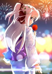 Rule 34 | 1girl, black bow, black scrunchie, blurry, blurry background, bokeh, bow, candy apple, cat mask, closed mouth, commentary, depth of field, fireworks, floral print, food, from behind, hair bow, hair ornament, hair scrunchie, highres, holding, holding food, huracan (vivid strike!), japanese clothes, kashima fumi, kimono, long hair, long sleeves, looking at viewer, looking back, lyrical nanoha, mask, mask on head, night, night sky, obi, one side up, outdoors, print kimono, purple eyes, rinne berlinetta, sash, scrunchie, silver hair, sky, smile, solo, standing, vivid strike!, white kimono
