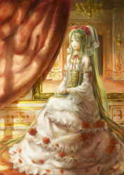 Rule 34 | 633b, adapted costume, alternate eye color, candlestand, colored eyelashes, corset, detached collar, dress, flower, green hair, hair between eyes, hatsune miku, highres, indoors, long hair, own hands together, picture frame, reflection, sitting, solo, tattoo, very long hair, vocaloid