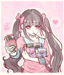 Rule 34 | 1girl, alternate hairstyle, black hair, blunt bangs, border, bow, collarbone, commentary, danganronpa (series), danganronpa v3: killing harmony, food, hair bow, hair ornament, hands up, harukawa maki, heart, highres, holding, long hair, long sleeves, looking down, missarilicious, mole, mole under eye, mouth hold, outline, pink background, pink bow, pink eyes, pocky, pocky day, red eyes, red shirt, sailor collar, shirt, solo, spoken heart, twintails, upper body, white border, white outline