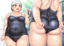 Rule 34 | 2girls, adjusting clothes, adjusting swimsuit, arm at side, arm up, ass, black one-piece swimsuit, blurry, blurry background, blush, breasts, brown eyes, chain-link fence, character request, collarbone, commentary request, competition school swimsuit, copyright request, covered navel, cowboy shot, fat, fence, from behind, goggles, green hair, head out of frame, holding, looking at another, medium breasts, medium hair, multiple girls, one-piece swimsuit, open mouth, orizen, outdoors, plump, school swimsuit, shoulder blades, smile, standing, swim cap, swimsuit, thick arms, thick thighs, thighs, white headwear