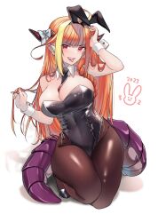 Rule 34 | 1girl, adjusting hair, animal ears, bare shoulders, black footwear, black leotard, black pantyhose, blonde hair, breasts, cleavage, commentary request, dated, detached collar, dragon tail, fake animal ears, fang, highres, hololive, horn ornament, horns, isuka, kiryu coco, kneeling, large breasts, leotard, long hair, looking at viewer, multicolored hair, orange hair, pantyhose, piercing, playboy bunny, pointy ears, rabbit ears, red eyes, simple background, skindentation, solo, tail, tongue, tongue out, very long hair, virtual youtuber, white background, wrist cuffs