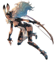 Rule 34 | 1girl, animal ear fluff, animal ears, armor, bow (weapon), breasts, cleavage, cleavage cutout, clothing cutout, dark-skinned female, dark skin, ears through headwear, final fantasy, final fantasy xii, fingernails, fran (ff12), full body, greaves, helmet, high heels, highres, long fingernails, long hair, makimura shunsuke, medium breasts, navel, parted lips, pelvic curtain, rabbit ears, red eyes, revealing clothes, see-through, sharp fingernails, simple background, solo, vambraces, viera, weapon, white background, white hair