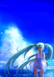 Rule 34 | 1girl, aqua hair, closed eyes, cloud, day, dress, guma, hatsune miku, highres, long hair, md5 mismatch, resolution mismatch, sky, smile, solo, source smaller, twintails, very long hair, vocaloid, water