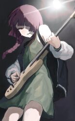 bass_guitar blush bocchi_the_rock! dress highres hiroi_kikuri instrument jacket music playing_instrument short_dress sweat zirrrrrr2