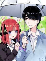 Rule 34 | 1boy, 1girl, :d, antenna hair, arm hug, black hair, black jacket, black ribbon, blue eyes, blue jacket, blunt bangs, blush, breasts, brown eyes, butterfly hair ornament, casual, closed mouth, collared shirt, commentary, couple, eyebrows hidden by hair, eyelashes, frown, go-toubun no hanayome, hair ornament, hair ribbon, happy, hetero, highres, holding, holding umbrella, jacket, large breasts, looking at another, mame1645, medium hair, nakano nino, nose, open mouth, rain, red hair, ribbon, shared umbrella, shirt, short hair, smile, sound effects, squiggle, straight hair, sweatdrop, swept bangs, two side up, uesugi fuutarou, umbrella, upper body, white shirt