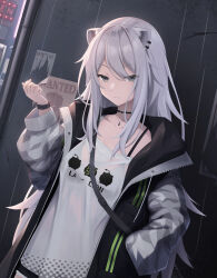 Rule 34 | 1girl, absurdres, against wall, animal ears, black bra, black choker, black jacket, bra, bra visible through clothes, breasts, choker, commentary request, drawstring, ear piercing, expressionless, grey eyes, grey hair, grey jacket, hand in pocket, hand up, highres, hololive, hood, hood down, hooded jacket, jacket, jewelry, large breasts, lion ears, lion girl, long hair, looking at viewer, nail polish, necklace, outdoors, piercing, pink nails, poster (object), rain, shirt, shishiro botan, shishiro botan (button-down), shishiro botan (casual), single-shoulder shirt, solo, standing, tousaki (tousakiworks), underwear, virtual youtuber, wanted, watch, wet, wet clothes, wet shirt, white shirt, wristwatch