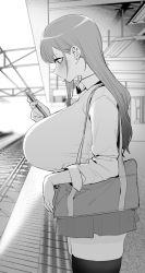 Rule 34 | 1girl, bag, blush, breasts, cellphone, collared shirt, commentary request, earrings, from side, greyscale, hair behind ear, highres, holding, holding phone, huge breasts, jewelry, long hair, looking at phone, monochrome, original, outdoors, phone, pleated skirt, railroad tracks, ricochet-gou, school bag, school uniform, shirt, skirt, sleeves rolled up, smartphone, solo, standing, thighhighs, thighs, train station