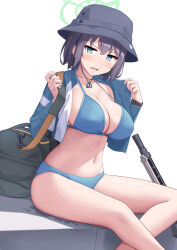 Rule 34 | 1girl, absurdres, bag, bare legs, bikini, black hat, blue archive, blue bikini, blue eyes, blue jacket, breasts, bucket hat, cleavage, cropped jacket, duffel bag, feet out of frame, frown, grey hair, gun, halo, halterneck, hands up, hat, highres, jacket, large breasts, long sleeves, looking at viewer, navel, official alternate costume, open clothes, open jacket, open mouth, revision, saki (blue archive), saki (swimsuit) (blue archive), sawada yuusuke, short hair, simple background, sitting, solo, stomach, strap gap, string bikini, swimsuit, thighs, v-shaped eyebrows, weapon, wet, white background, wristband