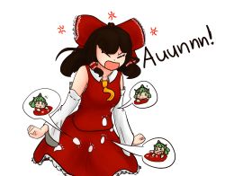 Rule 34 | &gt; &lt;, 1girl, anger vein, angry, animal hands, cowboy shot, english text, female focus, hakurei reimu, highres, komano aunn, paw print, playing with paint, senatorsnowbear, shouting, solo, standing, touhou, white paint