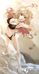 Rule 34 | 1girl, armpits, arms up, barefoot, beach, bikini, black bikini, blonde hair, blue eyes, blue hair, bracelet, breasts, cleavage, copyright name, feet, footprints, from above, front-tie top, jewelry, large breasts, legs, light rays, long hair, long legs, macross, macross frontier, matching hair/eyes, monchuchu, necklace, sheryl nome, side-tie bikini bottom, solo, submerged, sunbeam, sunlight, swimsuit, thighs