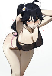 1girl absurdres ahoge araragi_karen black_eyes black_hair black_tank_top blush breasts cleavage deko_morii egg_hair_ornament food-themed_hair_ornament hair_ornament highres long_hair monogatari_(series) panties pink_panties side_ponytail solo sweat tank_top underwear