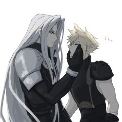Rule 34 | 2boys, akinahanami1015, armor, bandaged arm, bandages, belt, black coat, black gloves, blonde hair, chest strap, closed eyes, cloud strife, coat, commentary, earrings, final fantasy, final fantasy vii, finger to another&#039;s mouth, from side, gloves, grey hair, hand on another&#039;s cheek, hand on another&#039;s face, hand up, heart, high collar, highres, jewelry, leaning forward, long bangs, long hair, long sleeves, male focus, multiple boys, open clothes, open coat, parted bangs, pauldrons, sephiroth, short hair, shoulder armor, simple background, single pauldron, sleeveless, sleeveless turtleneck, smirk, spiked hair, stud earrings, suspenders, translated, turtleneck, upper body, very long hair, white background, yaoi
