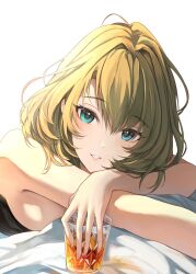 Rule 34 | 1girl, bare shoulders, blue eyes, blush, breasts, cup, drinking glass, green eyes, green hair, heterochromia, highres, holding, holding cup, idolmaster, idolmaster cinderella girls, looking at viewer, lying, medium breasts, messy hair, mole, mole under eye, nyome991, on back, open mouth, short hair, sideboob, simple background, smile, solo, takagaki kaede, wine glass