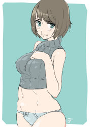 Rule 34 | 1girl, absurdres, aqua background, artist logo, ass, bare shoulders, blush, bob cut, bow, bow panties, breasts, brown hair, commentary, covered erect nipples, cowboy shot, din (pixiv25800872), green eyes, grey sweater, groin, hand on own chest, highres, large breasts, light smile, looking at viewer, midriff, navel, no pants, original, outside border, panties, ribbed sweater, short hair, sketch, sleeveless, sleeveless sweater, sleeveless turtleneck, solo, sweater, swept bangs, turtleneck, turtleneck sweater, underwear, white panties
