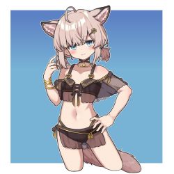 Rule 34 | 1girl, ahoge, animal ears, arknights, bikini, black bikini, black choker, blue background, blue eyes, blush, border, brown hair, chinese commentary, choker, collarbone, commentary, cowboy shot, cropped legs, cross hair ornament, extra ears, flat chest, fox ears, fox girl, fox tail, gluteal fold, hair ornament, hand on own hip, hand up, looking at viewer, navel, official alternate costume, outside border, short hair, short twintails, smile, solo, stomach, sussurro (arknights), sussurro (summer flower) (arknights), swimsuit, tail, twintails, varma, white border