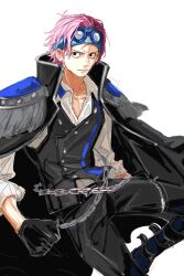 Rule 34 | 1boy, belly chain, black coat, black pants, blue headband, boots, clenched hand, closed mouth, coat, coat on shoulders, collared shirt, commentary, epaulettes, eyewear on head, gj8ar, headband, high collar, highres, jewelry, koby (one piece), looking to the side, male focus, one piece, one piece film: red, pants, pink hair, scar, scar on face, shirt, short hair, sideburns, simple background, solo, waistcoat, white background, white shirt