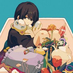 Rule 34 | 1girl, black hair, black shirt, black shorts, blue background, box, closed mouth, club (shape), coin, fingernails, flower, gold coin, in box, in container, jewelry, ka (marukogedago), looking at viewer, mushroom, orange flower, original, petals, pillow, red flower, ring, shirt, short hair, shorts, simple background, solo, stuffed animal, stuffed toy, tagme, teapot, teddy bear, tulip