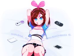 Rule 34 | 1girl, arms behind head, artist name, belt, blue eyes, breasts, brown hair, cellphone, character name, choker, controller, game controller, hairband, handheld game console, kizuna ai, kizuna ai inc., looking at viewer, lying, multicolored hair, navel, on back, phone, pink hair, sachiko shirayuki, smartphone, smile, solo, streaked hair, tagme, tongue, tongue out, youtube