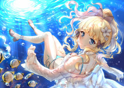 Rule 34 | 1girl, air bubble, alternate costume, aqua bikini, bikini, black bow, blonde hair, blue eyes, blush, bow, breasts, bubble, elf, fish, flower, from behind, hair bow, hair flower, hair ornament, highres, long hair, looking at viewer, medium breasts, ocean, outdoors, pointy ears, ponytail, princess connect!, sandals, saren (princess connect!), saren (summer) (princess connect!), sidelocks, smile, solo, split mouth, swimsuit, thighs, underwater, water, xin (zinc)