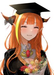 Rule 34 | 1girl, alternate costume, black hat, black robe, blonde hair, blunt bangs, blush, bouquet, bow, braid, breasts, brooch, chan1moon, cleavage, closed eyes, collared shirt, diagonal-striped bow, dragon girl, dragon horns, facing viewer, fang, flower, gem, grin, hat, highres, holding, holding bouquet, hololive, horn bow, horn ornament, horns, jewelry, kiryu coco, long hair, mortarboard, multicolored hair, orange hair, pink flower, pointy ears, red flower, robe, shirt, side braid, sidelocks, simple background, single braid, skin fang, smile, solo, streaked hair, striped, striped bow, tassel, upper body, virtual youtuber, white background, white shirt, yellow flower