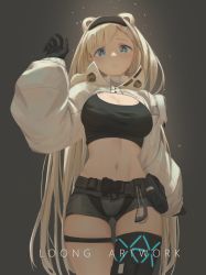 Rule 34 | 1girl, absurdres, animal ears, arknights, artist name, aurora (arknights), aurora (elite ii) (arknights), bear ears, black gloves, black hairband, black shirt, blue eyes, breasts, cleavage, commentary, cowboy shot, crop top, gloves, grey background, grey shorts, hairband, hand up, highres, infection monitor (arknights), large breasts, long hair, long sleeves, looking at viewer, loong (loong blo), midriff, navel, parted lips, pouch, shirt, short shorts, shorts, shrug (clothing), silver hair, simple background, solo, standing, stomach, thigh strap, thighs, very long hair