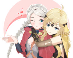 Rule 34 | 2girls, absurdres, ahoge, blonde hair, blue eyes, blush, braid, breasts, capelet, circlet, closed mouth, fire emblem, fire emblem fates, hairband, highres, hug, long hair, multiple girls, nina (fire emblem), nintendo, one eye closed, ophelia (fire emblem), pluv hill, simple background, twin braids