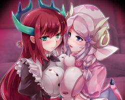 2girls asymmetrical_docking blue_eyes blush braid breast_press breasts dragon_girl dragon_horns dragon_wings duel_monster hair_ornament hat horns kemoyuri kitchen_dragonmaid large_breasts long_hair multiple_girls nurse nurse_cap nurse_dragonmaid pink_hair purple_eyes red_hair saliva saliva_trail short_sleeves side_braid simple_background symmetrical_docking wings yu-gi-oh! yuri