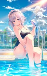 Rule 34 | 1girl, :t, absurdres, barefoot, black one-piece swimsuit, blue eyes, blue sky, blush, breasts, cleavage, cloud, cloudy sky, competition school swimsuit, day, eyes visible through hair, feet, female focus, fence, glint, gloves, highres, himeji shirayuki, holding, holding hose, hose, knees, konomi (kino konomi), large breasts, lens flare, liar liar, light rays, looking at viewer, maid headdress, one-piece swimsuit, outdoors, pool, pool ladder, poolside, pout, railing, school swimsuit, short hair with long locks, sitting, sky, soaking feet, solo, sunbeam, sunlight, swimsuit, thighs, toes, tree, water, water drop, wet, white gloves, white hair