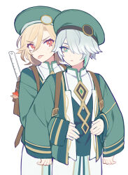 Rule 34 | 2boys, aged down, alhaitham (genshin impact), aranara (genshin impact), bag, bag charm, blonde hair, blush, charm (object), commentary request, genshin impact, green eyes, green hair, green headwear, grey hair, hair between eyes, hair over one eye, hat, kaveh (genshin impact), long sleeves, looking at viewer, male focus, meiji (meiji770), multicolored hair, multiple boys, red eyes, ruler, school uniform, simple background, tongue, tongue out, twitter username, white background