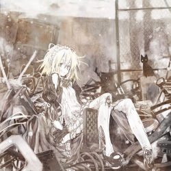 Rule 34 | 1girl, bad link, black footwear, blonde hair, blue eyes, breasts, cat, chain-link fence, dirty, dirty clothes, dirty face, dress, expressionless, fence, highres, medium hair, messy hair, original, robot, rubble, sepia, sitting, small breasts, snow, solo, takano otohiko, thighhighs, torn clothes, white dress, white thighhighs