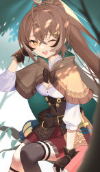 Rule 34 | 1girl, :d, ahoge, aotake iro, asymmetrical legwear, belt, breasts, brown capelet, brown cloak, brown corset, brown eyes, brown hair, cape, capelet, cleavage, cloak, corset, dagger, dappled sunlight, feather hair ornament, feathers, gloves, hair ornament, hairclip, hieroglyphics, highres, hololive, hololive english, in tree, knee strap, kneehighs, knife, lantern, long hair, multicolored hair, nanashi mumei, one eye closed, open mouth, partially fingerless gloves, pleated skirt, ponytail, red skirt, ribbon, shirt, single kneehigh, single sock, single thighhigh, skirt, smile, socks, streaked hair, sunlight, teeth, thigh strap, thighhighs, tree, tree shade, upper teeth only, very long hair, virtual youtuber, weapon, white shirt