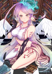 Rule 34 | 1girl, angel, angel wings, artist name, book, bookshelf, breasts, closed mouth, commentary, crop top, english commentary, feathered wings, gloves, gradient eyes, gradient hair, halo, indoors, jibril (no game no life), large breasts, library, long hair, looking at viewer, magic circle, midriff, multicolored eyes, multicolored hair, nerinchan, no game no life, orange eyes, pink hair, sideboob, single thighhigh, sitting, smile, solo, tattoo, thighhighs, very long hair, watermark, web address, white wings, wing ears, wings, yellow eyes