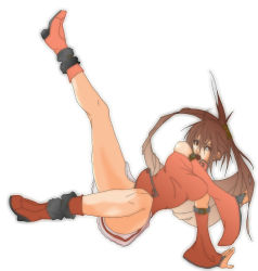 Rule 34 | 1girl, arc system works, bad id, bad pixiv id, boots, breasts, bridal gauntlets, brown eyes, brown hair, bunchin-maru, chinese clothes, detached sleeves, covered erect nipples, female focus, guilty gear, hair ornament, kicking, kuradoberi jam, large breasts, long hair, skirt, solo, very long hair
