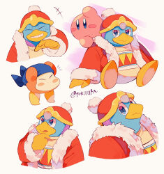 Rule 34 | +++, :o, ^ ^, arms up, artist name, bandana, bandana waddle dee, blue bandana, blue eyes, blush, blush stickers, closed eyes, closed mouth, commentary request, cropped torso, expressionless, fur-trimmed jacket, fur-trimmed sleeves, fur trim, grin, hand on own chin, hand up, hat, highres, jacket, king dedede, kirby, kirby (series), long sleeves, looking at viewer, multiple views, nintendo, notice lines, open clothes, open jacket, open mouth, pink background, pom pom (clothes), red headwear, red jacket, simple background, sitting, smile, standing, teeth, tiptoes, tokuura, twitter username, upper body, v-shaped eyebrows, white background