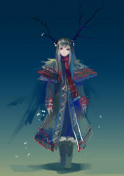 Rule 34 | 1girl, antlers, arms at sides, blue hair, blunt bangs, boots, brown coat, brown footwear, brown hair, capelet, closed mouth, coat, female focus, full body, fur-trimmed boots, fur trim, gradient background, gradient hair, horns, knee boots, long coat, long hair, looking at viewer, multicolored hair, original, pump (pumpqmuq), red eyes, red scarf, scarf, smile, solo, very long hair, walking