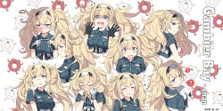 Rule 34 | 1girl, :d, ?, bad id, bad pixiv id, blonde hair, blue eyes, blue shirt, blush, breast pocket, breasts, character name, closed eyes, cnm, collared shirt, covering own mouth, crying, crying with eyes open, dated, embarrassed, expressions, fingers together, gambier bay (kancolle), gloves, hair between eyes, hairband, hands up, highres, holding, holding hair, holding map, index fingers together, kantai collection, large breasts, long hair, looking at viewer, lost child, map, multiple views, open mouth, parted lips, pocket, scared, shirt, short sleeves, sidelocks, smile, surprised, tears, twintails
