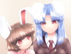 Rule 34 | 2girls, :3, alternate headwear, animal ears, blazer, blue hair, brown hair, rabbit ears, crescent, dress, eye contact, glasses, inaba tewi, jacket, long hair, looking at another, multiple girls, necktie, pink dress, pink eyes, reisen udongein inaba, role reversal, shirosato, shirt, silver hair, smile, touhou, uneven eyes, when you see it
