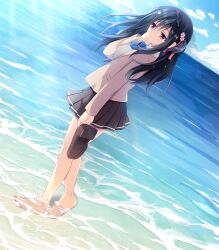 Rule 34 | 1girl, asa project, barefoot, black hair, black skirt, game cg, highres, looking to the side, ocean, shoes, unworn shoes, skirt, standing, wading